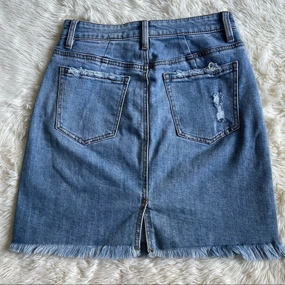 AFRM Skirt Denim Distressed Raw Hem Light Wash 28